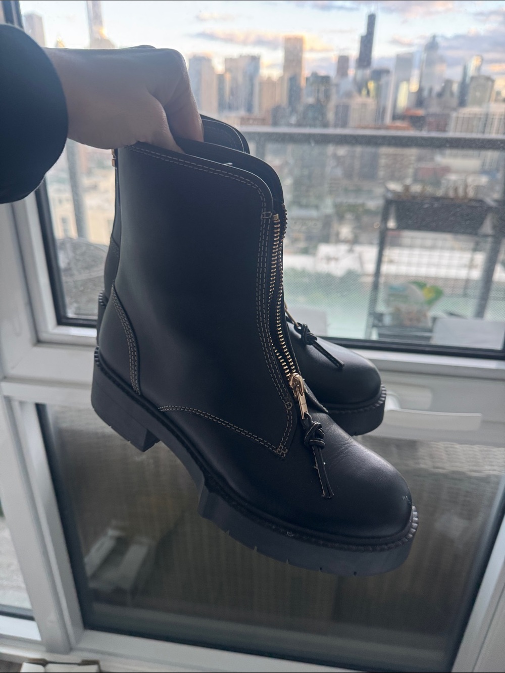 Coach Black Leather Front-Zip Lug Ankle Boots